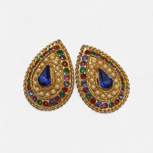 Source Unknown Gold and Blue Teardrop Earrings